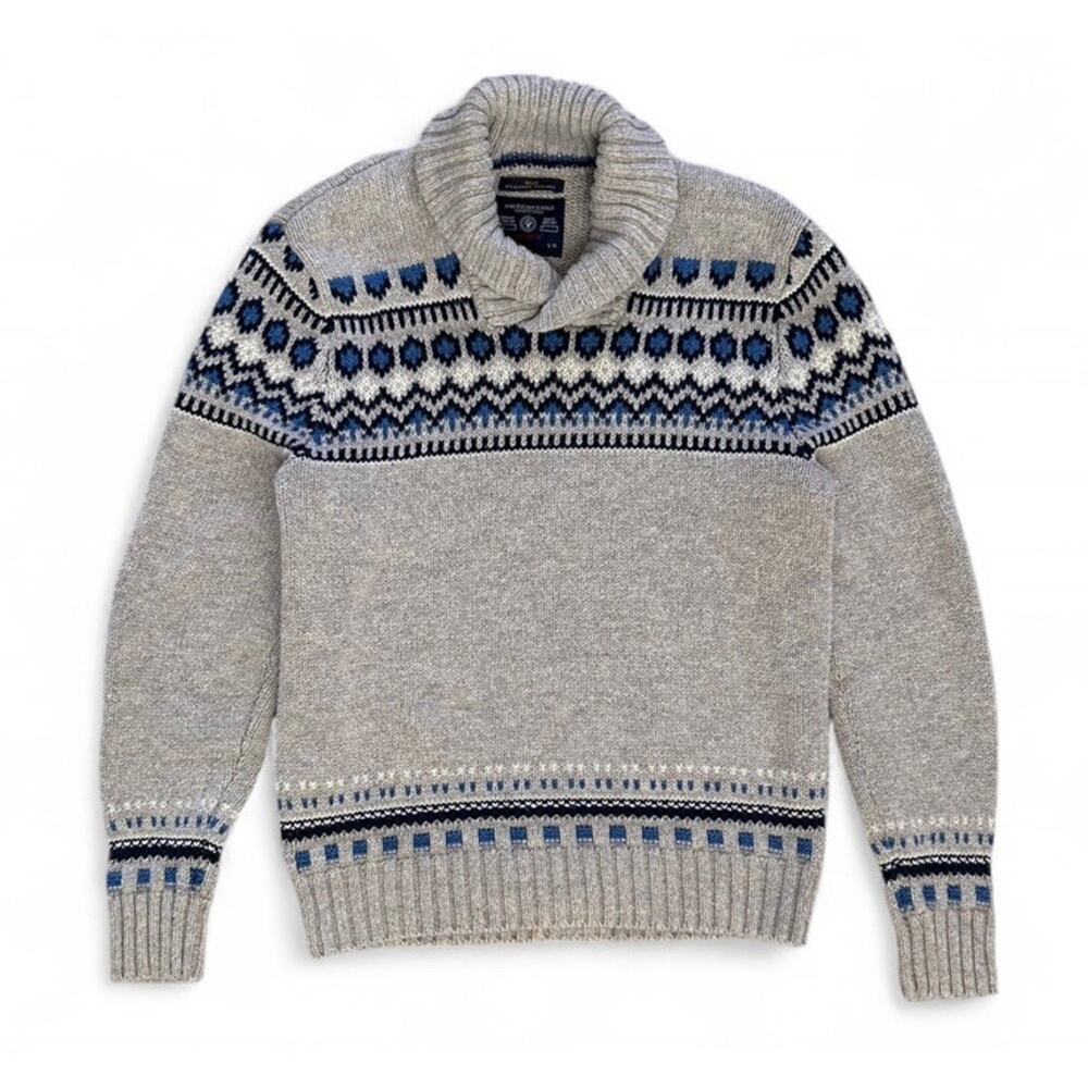 Vintage American Eagle Outfitters Men’s Knit Gray Blue Fair Isle Sweater Size L